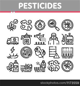 Pesticides Chemical Collection Icons Set Vector Thin Line. Pesticides For Agricultural Field Processing By Plane, Bottle Spray And Equipment Concept Linear Pictograms. Monochrome Contour Illustrations. Pesticides Chemical Collection Icons Set Vector