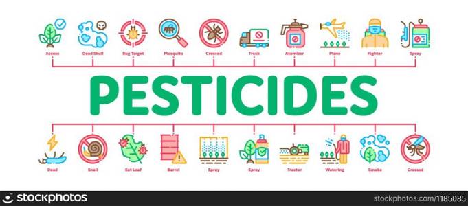 Pesticides Chemical Minimal Infographic Web Banner Vector. Pesticides For Agricultural Field Processing By Plane, Bottle Spray And Equipment Concept Illustrations. Pesticides Chemical Minimal Infographic Banner Vector
