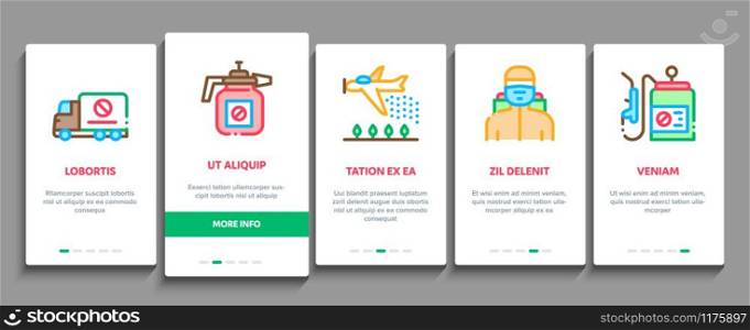 Pesticides Chemical Onboarding Mobile App Page Screen Vector. Pesticides For Agricultural Field Processing By Plane, Bottle Spray And Equipment Concept Linear Pictograms. Color Contour Illustrations. Pesticides Chemical Onboarding Elements Icons Set Vector