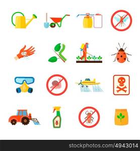 Pesticides Icons Set . Pesticides and fertilizers icons set with special equipment symbols flat isolated vector illustration