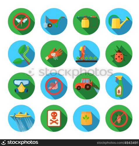 Pesticides Round Icons Set . Pesticides and farming round shadow icons set flat isolated vector illustration