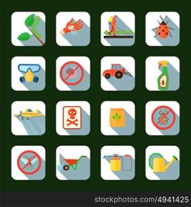 Pesticides Square Icons Set . Pesticides and fertilizers square shadow icons set on green background flat isolated vector illustration