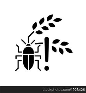 Pests danger black glyph icon. Insects and diseases damage harvest. Hunger and starvation reason. Farming problem. Food insecurity. Silhouette symbol on white space. Vector isolated illustration. Pests danger black glyph icon