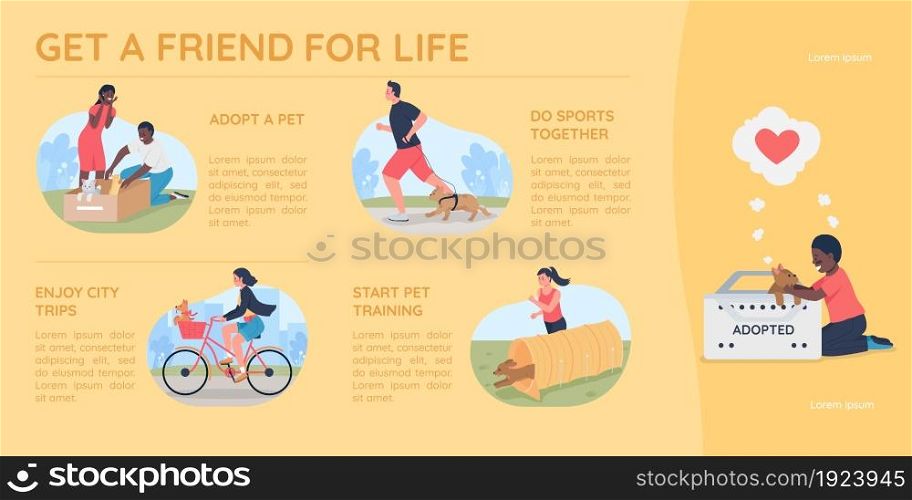 Pet adoption flat color vector infographic template. Rescuing animal. Poster with text, PPT page concept design with cartoon characters. Creative data visualization. Info banner idea. Pet adoption flat color vector infographic template