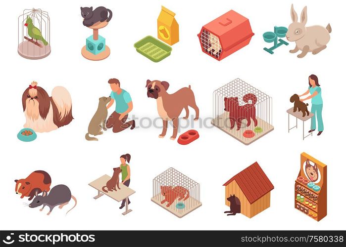 Pet animals isometric icons rodents parrot rabbit cats and dogs of different breeds isolated vector illustration