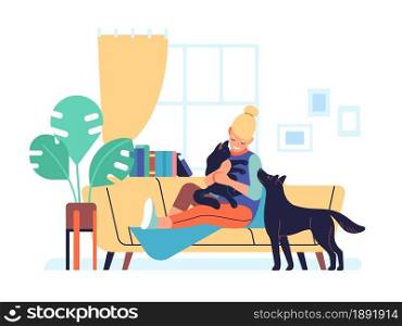 Pet at home. Happy young woman sitting on sofa playing with cat and dog. Owner hugs with black kitty. Domestic animals in cozy room interior. Cute girl takes care of puppy and kitten. Vector concept. Pet at home. Happy woman sitting on sofa playing with cat and dog. Owner hugs with black kitty. Domestic animals in cozy room interior. Girl takes care of puppy and kitten. Vector concept