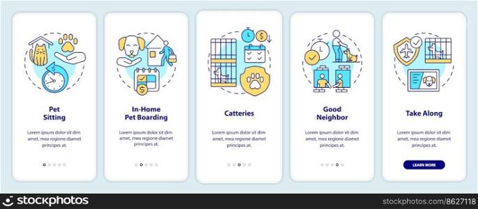Pet boarding options onboarding mobile app screen. Animal care service walkthrough 5 steps editable graphic instructions with linear concepts. UI, UX, GUI template. Myriad Pro-Bold, Regular fonts used. Pet boarding options onboarding mobile app screen