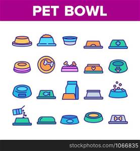 Pet Bowl Collection Elements Icons Set Vector Thin Line. Bowl With Nutrition And Empty, With Bone And Fish, For Water And Food Concept Linear Pictograms. Color Contour Illustrations. Pet Bowl Collection Elements Icons Set Vector