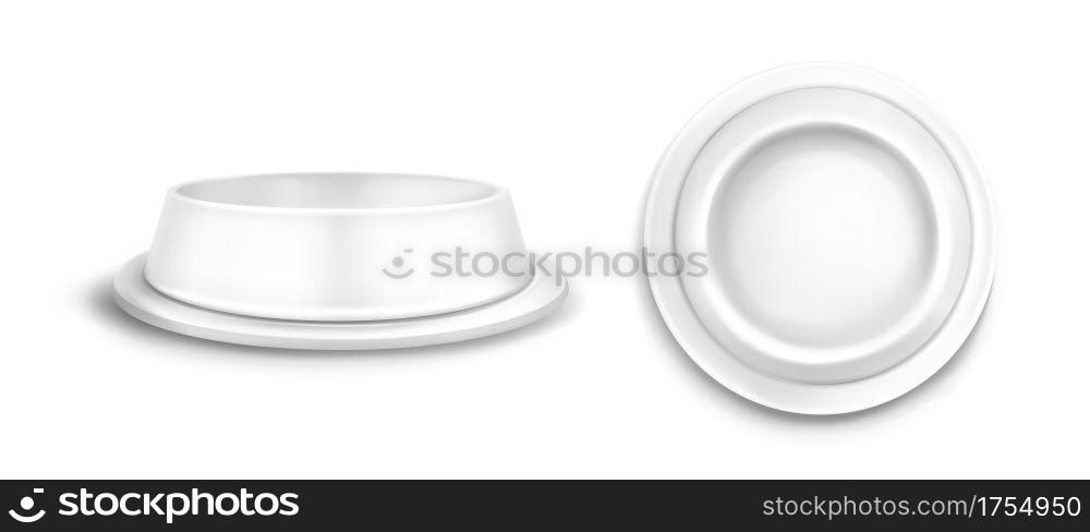 Pet bowl mockup front and top view. Blank plastic or metal plate for animal feed isolated on white background. Crockery plate design for cat or dog food, Realistic 3d vector illustration, mock up. Pet bowl mockup front and top view, blank dish