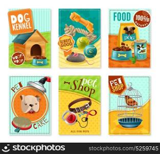 Pet Care 6 Mini Banners Set . Affordable pet care store advertisement 6 mini banners collection with healthy food and accessories isolated vector illustration