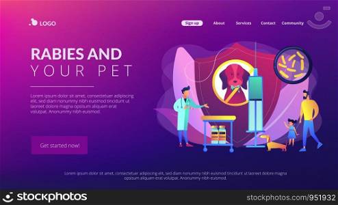 Pet care. Animal protection. Veterinary service, vet hospital. Rabies and your pet, home animals vaccination, rabies prevention program concept. Website homepage landing web page template.. Rabies and your pet concept landing page