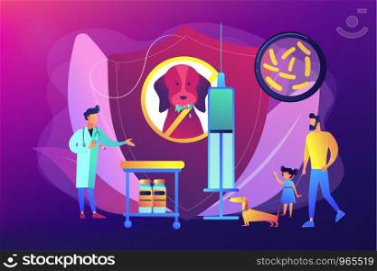 Pet care. Animal protection. Veterinary service, vet hospital. Rabies and your pet, home animals vaccination, rabies prevention program concept. Bright vibrant violet vector isolated illustration. Rabies and your pet concept vector illustration