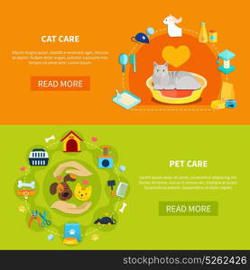 Pet Care Banners. Bright horizontal banners with various accessories for pet care at home flat isolated vector illustration