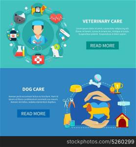Pet Care Banners. Veterinary care and accessories for pet dog horizontal banners flat isolated vector illustration