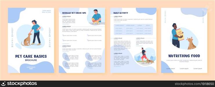Pet care basics flat vector brochure template. Flyer, booklet, printable leaflet design with flat illustrations. Magazine page, cartoon reports, infographic posters with text space. Pet care basics flat vector brochure template
