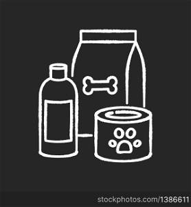 Pet care chalk white icon on black background. Food for dogs in bag package. Shampoo for domestic animals. Petshop products for kittens and puppies. Vet items. Isolated vector chalkboard illustration. Pet care chalk white icon on black background