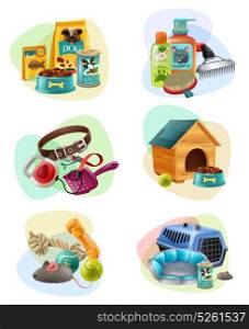 Pet Care Concept Composition Icons Set . Affordable pet care service concept 6 colorful icons collection with dry dog food and treats isolated vector illustration