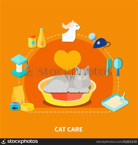 Pet Care Concept. Flat design concept with various pet care accessories for cats on orange background vector illustration