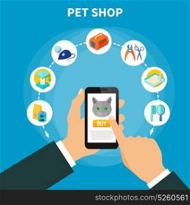 Pet Care Concept. Online shop concept with pet care accessories for cats on blue background flat vector illustration