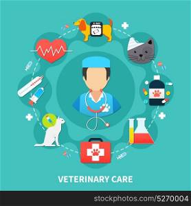 Pet Care Concept. Pet care concept with vet and colorful veterinary icons on blue background flat vector illustration