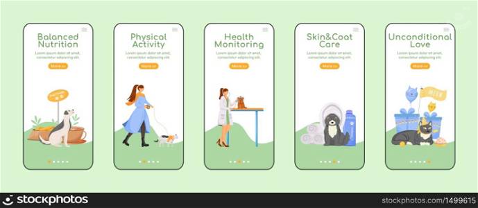 Pet care onboarding mobile app screen flat vector template. Pet owner walk dog. Healthcare service. Walkthrough website steps with characters. UX, UI, GUI smartphone cartoon interface, case prints set. Pet care onboarding mobile app screen flat vector template