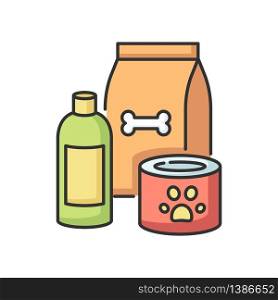 Pet care RGB color icon. Food for dogs in bag package. Canned goods for cats. Shampoo for domestic animals. Petshop products for kittens and puppies. Vet items. Isolated vector illustration. Pet care RGB color icon