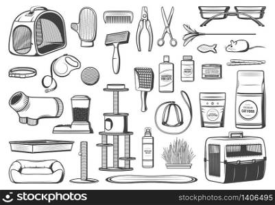 Pet care supplies for cats isolated vector icons. Food, grooming brush and glove accessories, toys, stand house on scratching posts, feeder and feeding bowl stand, carrier and litter tray with scoop. Pet care supplies for cats isolated icons