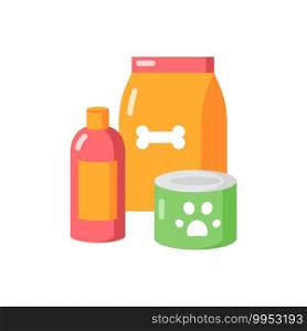 Pet care vector flat color icon. Food for dogs in bag package. Canned goods for cats. Sh&oo for domestic animals. Petshop products. Cartoon style clip art for mobile app. Isolated RGB illustration. Pet care vector flat color icon