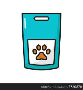 Pet cat dog dry food bag feeding package isolated outline icon. Vector pack with paw print, veterinary nutrition kittens and puppies meal. Domestic animals health and care nutrition dietary supplement. Cats dry food pet veterinary nutrition meals pack