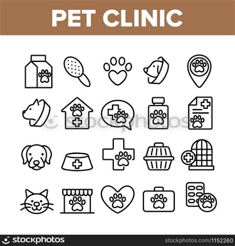 Pet Clinic Veterinary Collection Icons Set Vector Thin Line. Dog Paw On Heart And Medical Cross, Birdcage And Cell, Clinic Equipment Concept Linear Pictograms. Monochrome Contour Illustrations. Pet Clinic Veterinary Collection Icons Set Vector