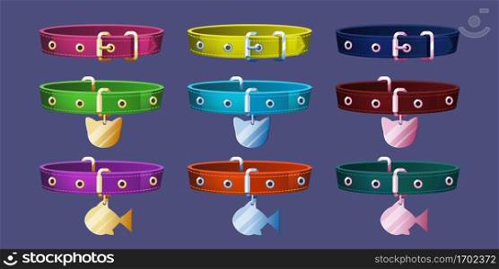Pet collars with id tags for cat or dog neck. Vector cartoon set of leather belts with buckle and gold, silver and metal badge in shape fish or cat. Domestic animal accessories isolated on background. Pet collars with id tags for cat or dog