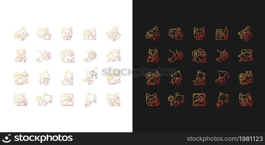 Pet disease gradient icons set for dark and light mode. Veterinary examination and treatment. Thin line contour symbols bundle. Isolated vector outline illustrations collection on black and white. Pet disease gradient icons set for dark and light mode