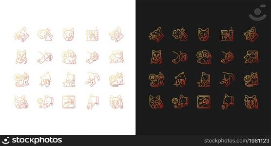 Pet disease gradient icons set for dark and light mode. Veterinary examination and treatment. Thin line contour symbols bundle. Isolated vector outline illustrations collection on black and white. Pet disease gradient icons set for dark and light mode