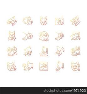 Pet disease gradient linear vector icons set. Infectious and viral illness. Physical animal injury. Veterinary examination. Thin line contour symbols bundle. Isolated outline illustrations collection. Pet disease gradient linear vector icons set