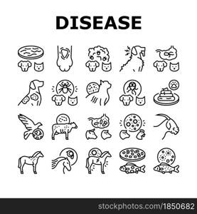 Pet Disease Ill Health Problem Icons Set Vector. Salmonellosis And Tapeworm, Psittacosis And Sarcoptic Mange, Leptospirosis And Streptococcues Pet Disease Black Contour Illustrations. Pet Disease Ill Health Problem Icons Set Vector