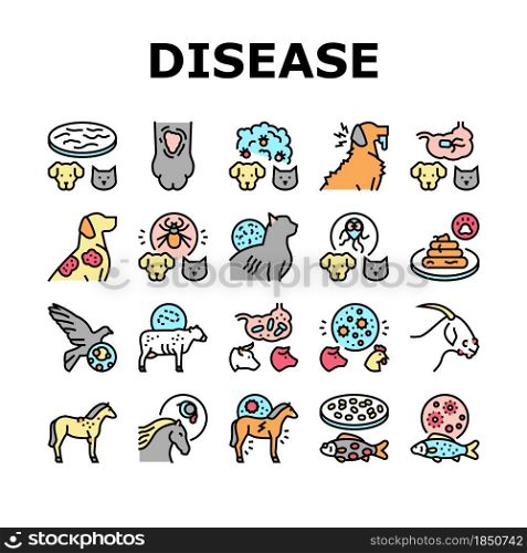 Pet Disease Ill Health Problem Icons Set Vector. Salmonellosis And Tapeworm, Psittacosis And Sarcoptic Mange, Leptospirosis And Streptococcues Pet Disease Line. Domestic Animal Color Illustrations. Pet Disease Ill Health Problem Icons Set Vector