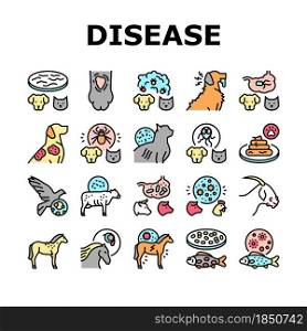 Pet Disease Ill Health Problem Icons Set Vector. Salmonellosis And Tapeworm, Psittacosis And Sarcoptic Mange, Leptospirosis And Streptococcues Pet Disease Line. Domestic Animal Color Illustrations. Pet Disease Ill Health Problem Icons Set Vector