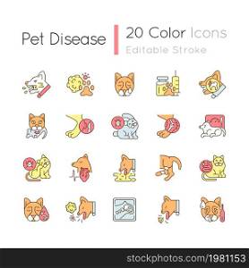 Pet disease RGB color icons set. Infectious and viral illness. Physical animal injuries. Veterinary examination. Isolated vector illustrations. Simple filled line drawings collection. Editable stroke. Pet disease RGB color icons set