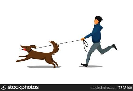 Pet dog and its owner running same direction isolated vector. Male and mammal with collar on neck, person with domestic animal breed jogging together. Pet Dog and Its Owner Running Isolated Vector