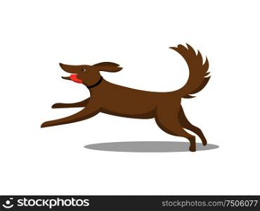 Pet dog running breed with tongue isolated vector. Mammal wearing collar on neck, happy and friendly animal. Domestic mammal on walk, active puppy. Pet Dog Running Breed with Tongue Isolated Vector