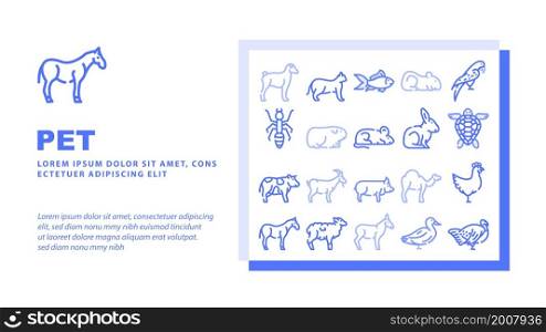 Pet Domestic, Farm And Sea Aqua Landing Web Page Header Banner Template Vector Mice And Hamster, Dog Puppy And Cat Kitty Pet, Horse And Camel, Parrot And Chicken Bird, Turtle And Aquarium Illustration. Pet Domestic, Farm And Sea Aqua Landing Header Vector
