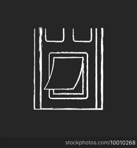 Pet doors chalk white icon on black background. Petflap. Covered opening for dogs entering, exiting building. Burglar-proofing. Cat door with plastic flap. Isolated vector chalkboard illustration. Pet doors chalk white icon on black background