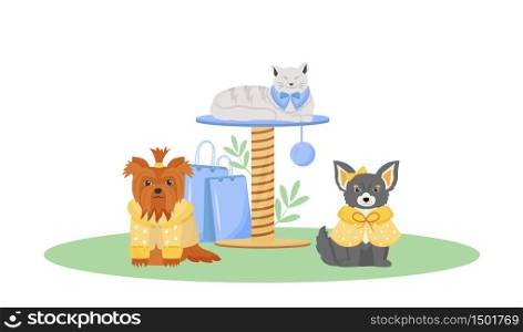 Pet fashion flat color vector character. Cute dog and cat wear clothes. Products to pumper domestic animal. Pet shop isolated cartoon illustration for web graphic design and animation. Pet fashion flat color vector character