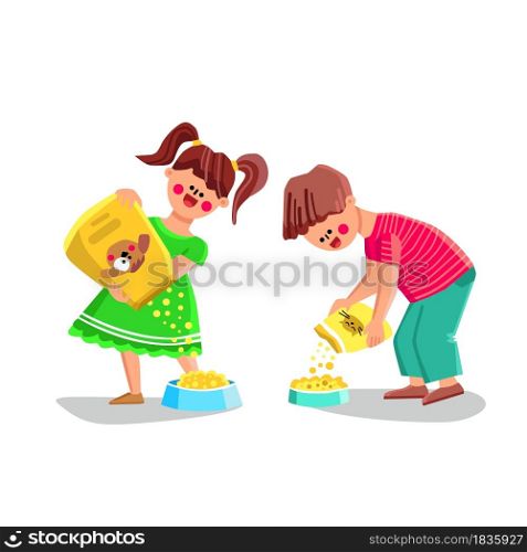 Pet Food Boy And Girl Pouring For Feeding Vector. Children Couple Pouring Pet Food From Bag Into Plate For Feed Dog And Cat Domestic Animal. Characters Kids Flat Cartoon Illustration. Pet Food Boy And Girl Pouring For Feeding Vector