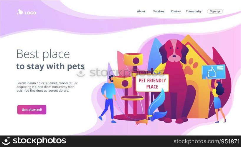 Pet-friendly, animal friendly hotel, restaurant, bar amenities Pet friendly place, we love pets, best place to stay with pets concept. Website homepage landing web page template.. Pet friendly place concept landing page