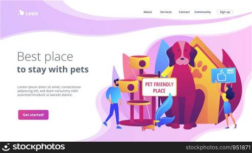 Pet-friendly, animal friendly hotel, restaurant, bar amenities Pet friendly place, we love pets, best place to stay with pets concept. Website homepage landing web page template.. Pet friendly place concept landing page