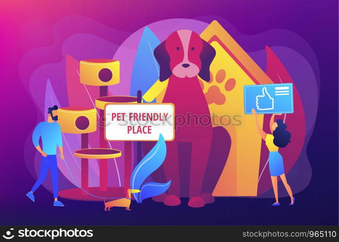 Pet-friendly, animal friendly hotel, restaurant, bar amenities Pet friendly place, we love pets, best place to stay with pets concept. Bright vibrant violet vector isolated illustration. Pet friendly place concept vector illustration