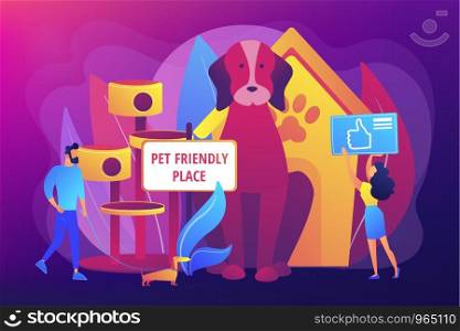 Pet-friendly, animal friendly hotel, restaurant, bar amenities Pet friendly place, we love pets, best place to stay with pets concept. Bright vibrant violet vector isolated illustration. Pet friendly place concept vector illustration