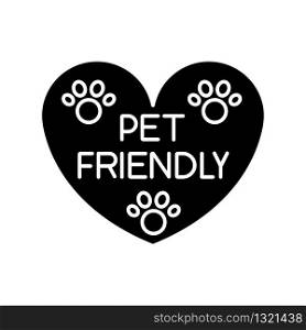 Pet friendly area sign black glyph icon. Grooming salon heart shaped logo, animals welcome zone. Cats and dogs permitted territory. Silhouette symbol on white space. Vector isolated illustration