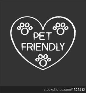 Pet friendly area sign chalk white icon on black background. Grooming salon heart shaped logo, animals welcome zone. Cats and dogs permitted territory. Isolated vector chalkboard illustration